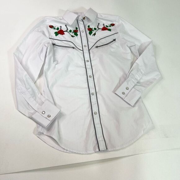 Rodeo Shirt Womens Small White Rose Embroidery Button-Down Cowgirl Top Country - Picture 1 of 9